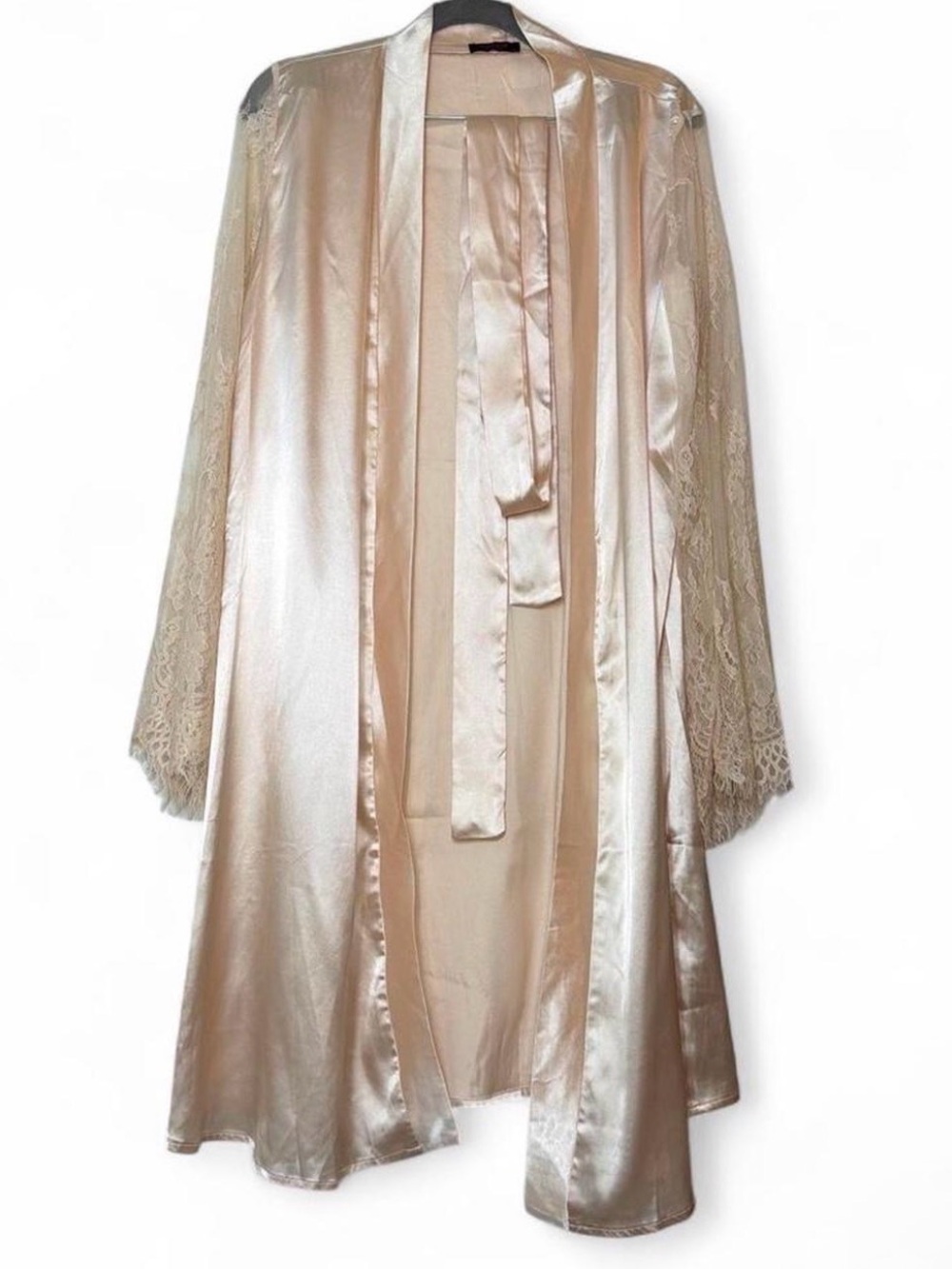 Lace-Trim Satin Robe in Cream - Women’s Luxe Lounge